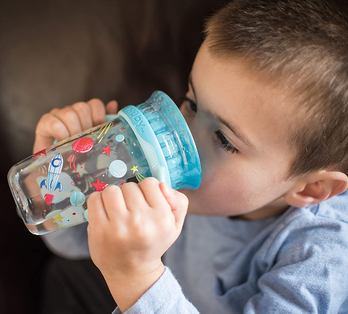 NUBY No-Spill Edge 360 2 Stage Drinking Cup with Removable Handles, Alien Aqua