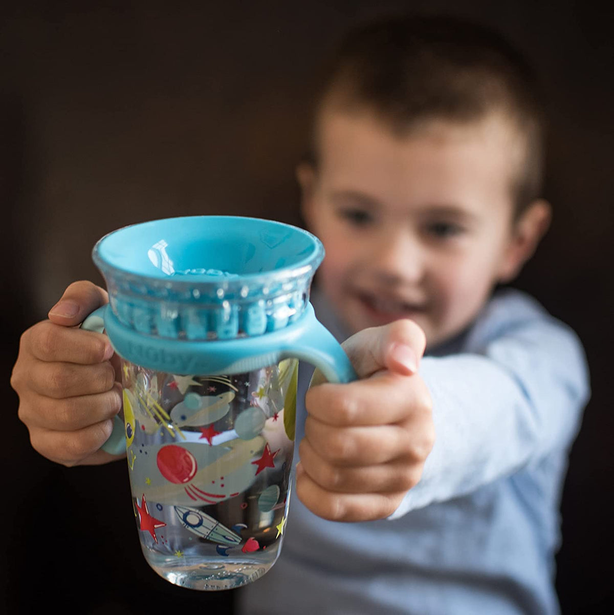 NUBY No-Spill Edge 360 2 Stage Drinking Cup with Removable Handles, Alien Aqua