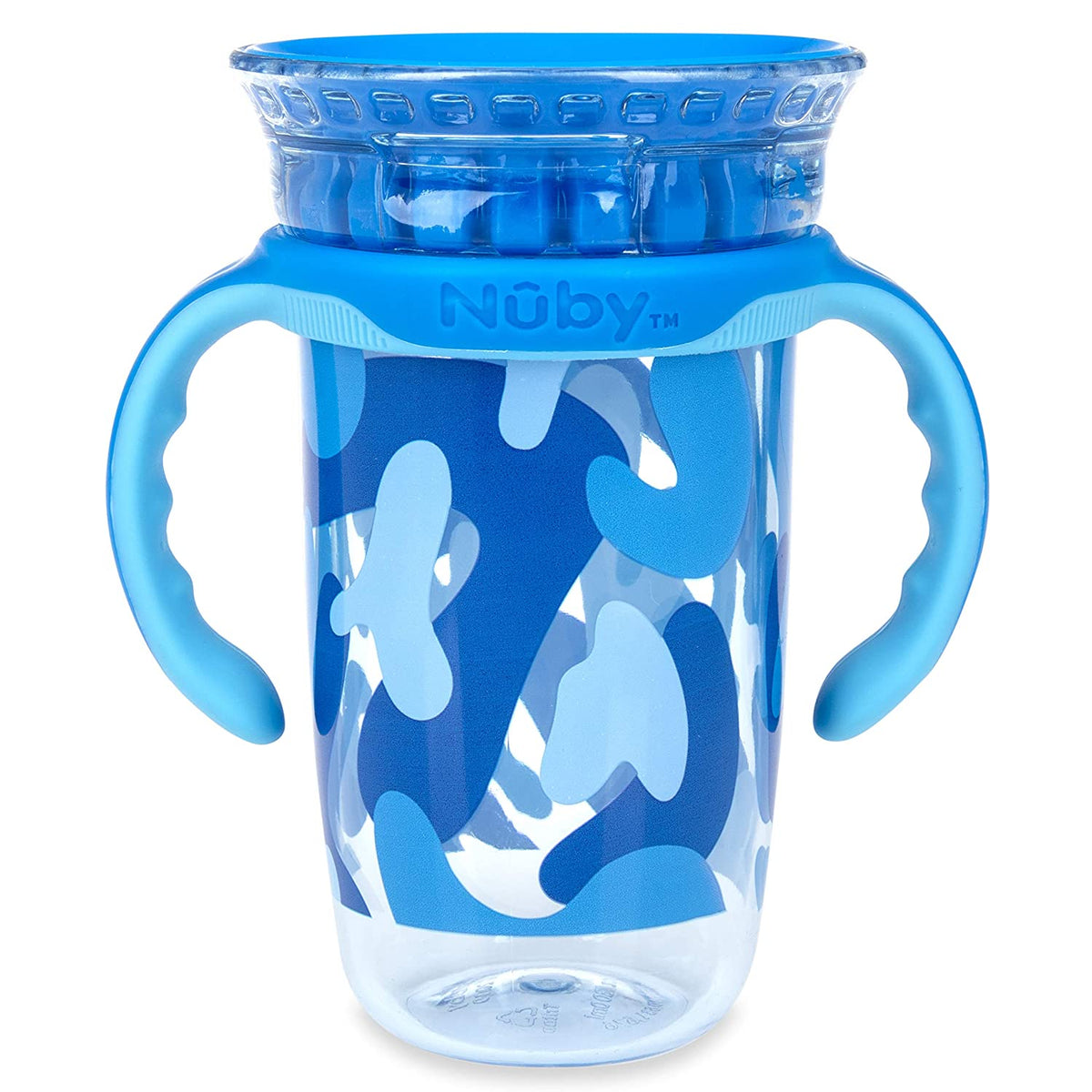 NUBY No-Spill Edge 360 2 Stage Drinking Cup with Removable Handles, Blue Camo
