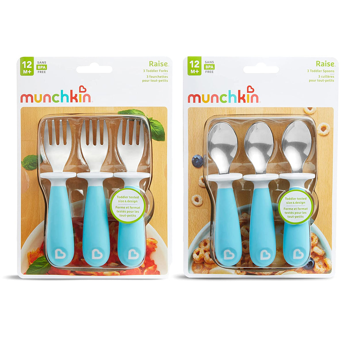 Munchkin Raise Toddler Fork and Spoon, 6 pack, Blue