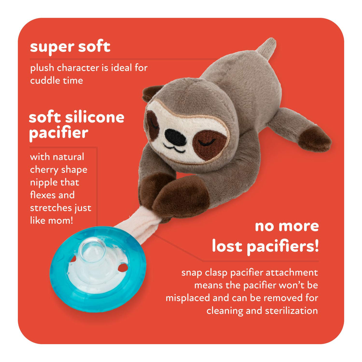 Nuby Calming Natural Flex Snuggleez Pacifier with Plush Animal, Sloth, Brown