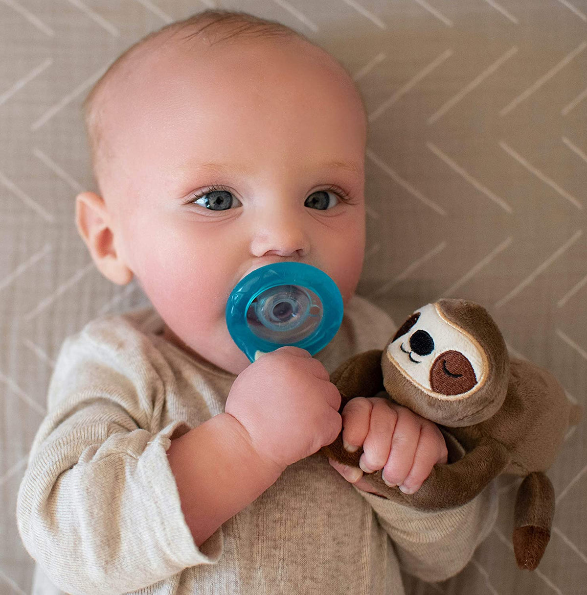 NUBY Calming Natural Flex Snuggleez Pacifier with Plush Animal, Sloth, Brown