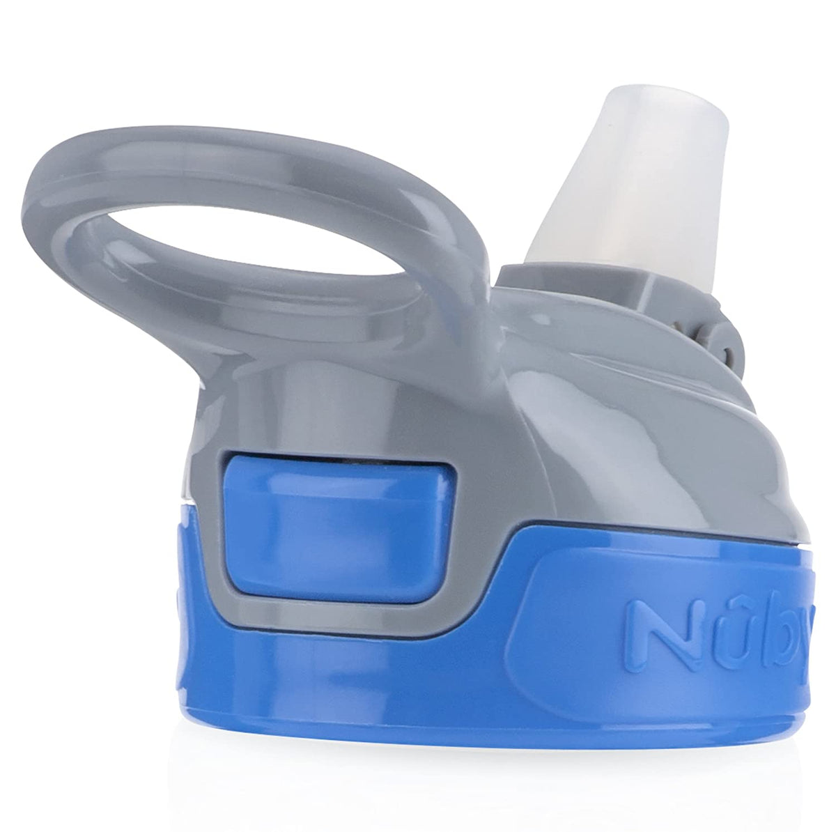 NUBY Thirsty Kids Push Button Flip-it Soft Spout on The Go Water Bottle with Easy Grip Band, Blue Sharks, 12oz