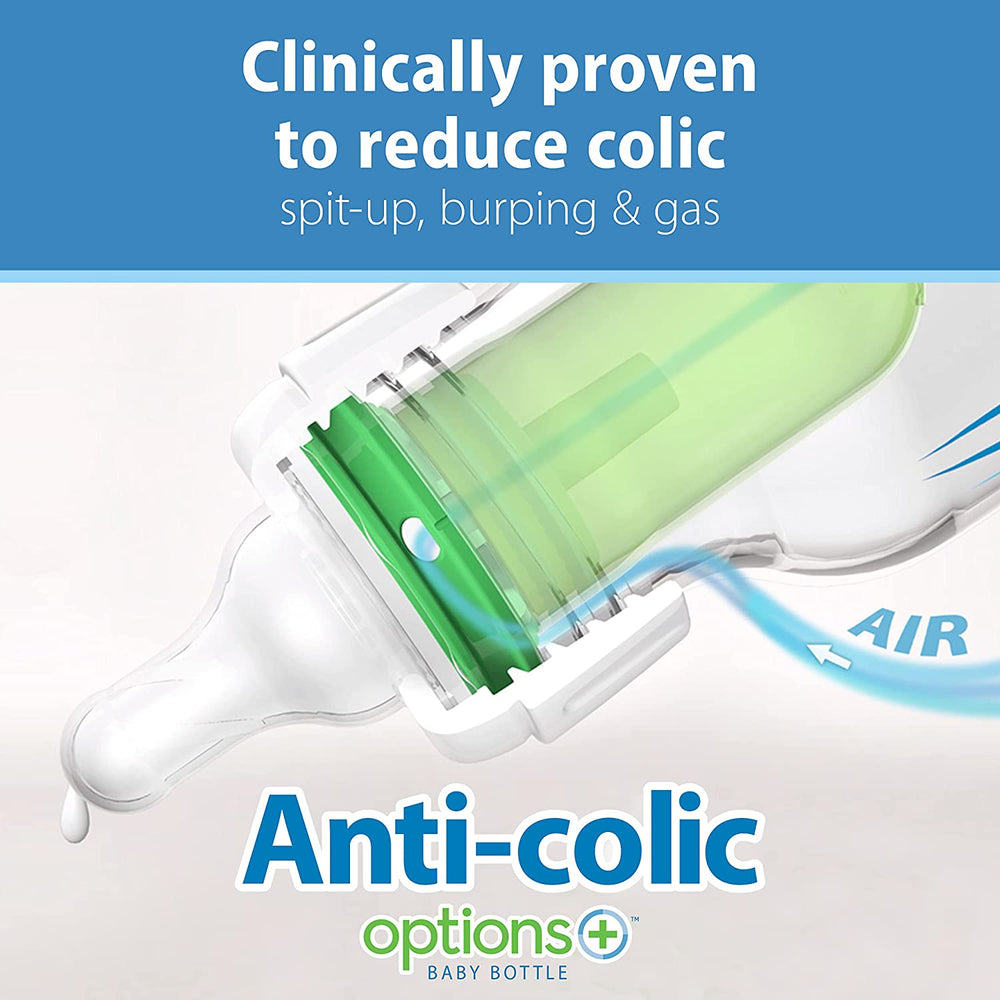 Dr. Brown's Natural Flow Anti-Colic Options+ Narrow Baby Bottles 4oz/120 mL, with Level 1 Slow Flow Nipple, 6 Pack, 0m+