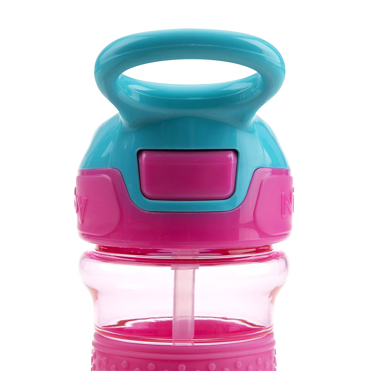 Nuby Thirsty Kids Push Button Flip-it Soft Spout on The Go Water Bottle with Easy Grip Band, Pink Rainbow, 12 Oz