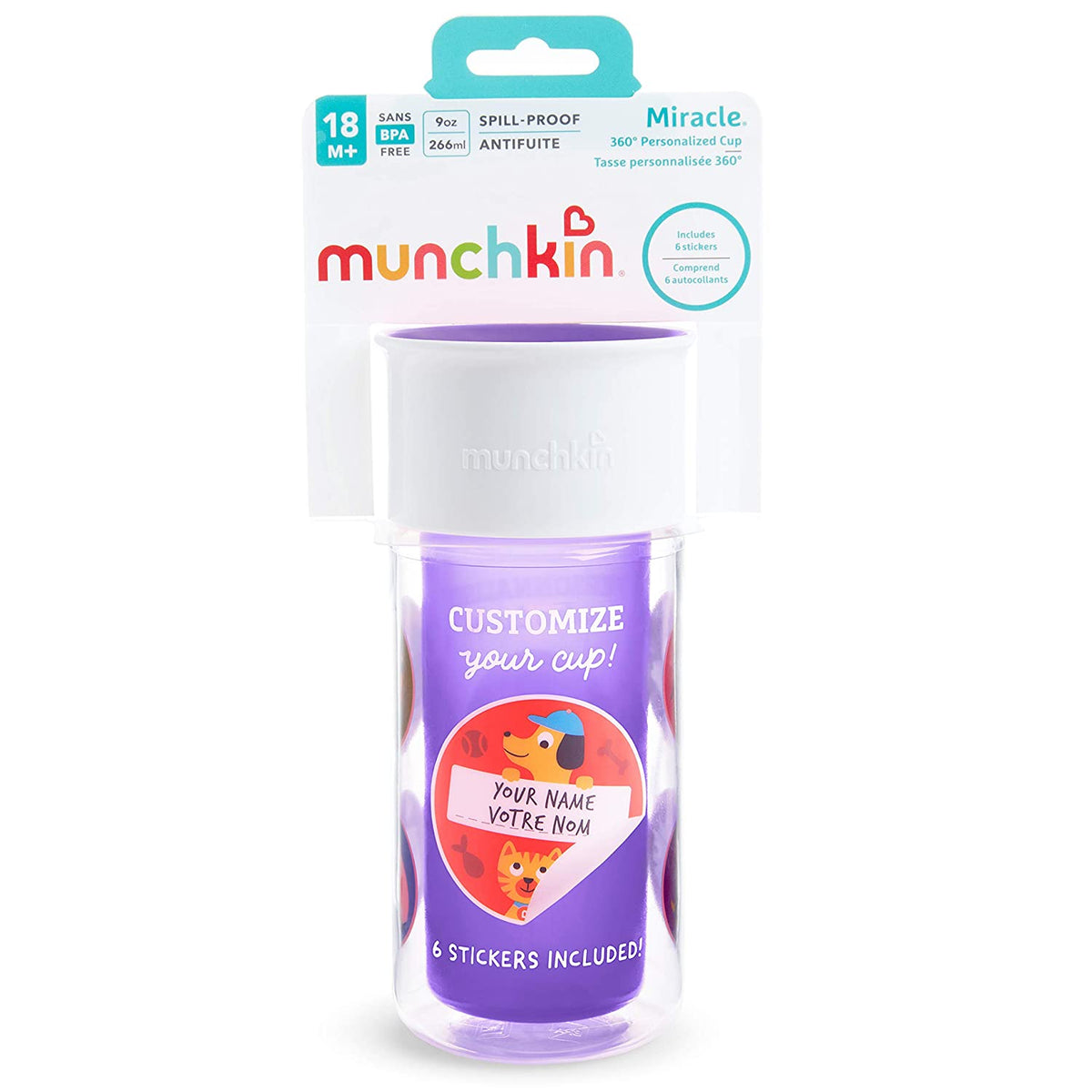 Munchkin Miracle 360 Insulated Sippy Cup, Includes Stickers to Customize Cup, 9 Ounce, Purple