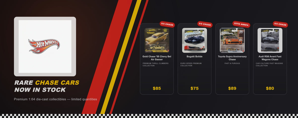 Hot Wheels rare chase cars showcase banner featuring four premium chase editions