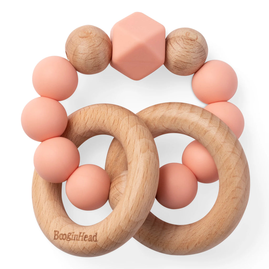 BOOGINHEAD BEADED SILICONE & WOOD TEETHER RINGS DUSTY ROSE