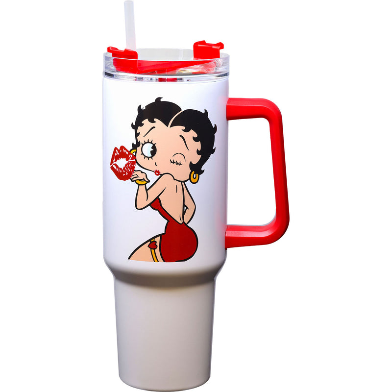 Betty Boop Stainless Steel Double Wall Travel Mug with Straw and Handle, 40oz, 11" Tall