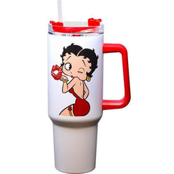 Betty Boop Stainless Steel Double Wall Travel Mug with Straw and Handle, 40 oz, 11" Tall