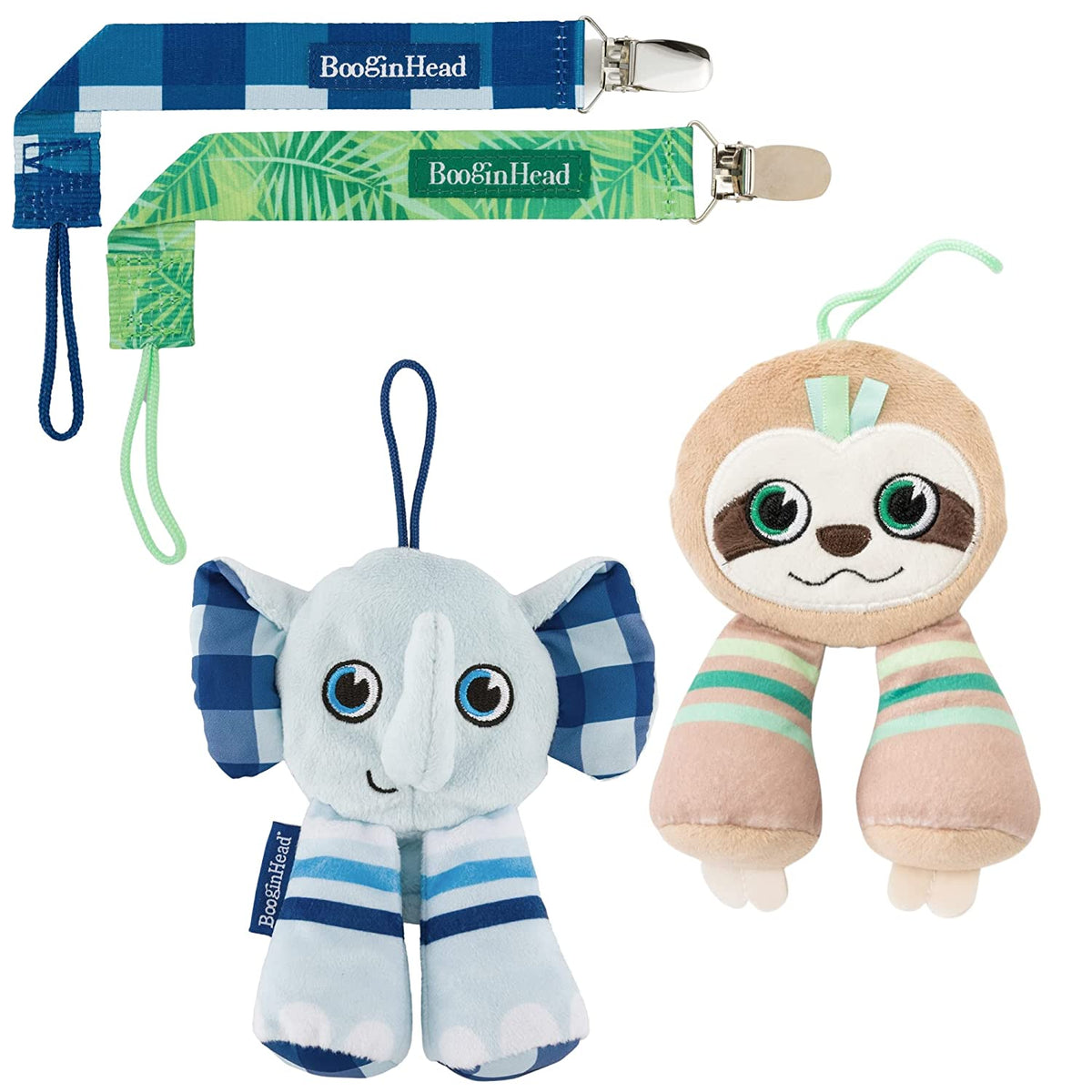 BooginHead Pacifier Holder Stuffed Animal and Baby Pacifier Clip, 2 Pack Elephants & Sloth