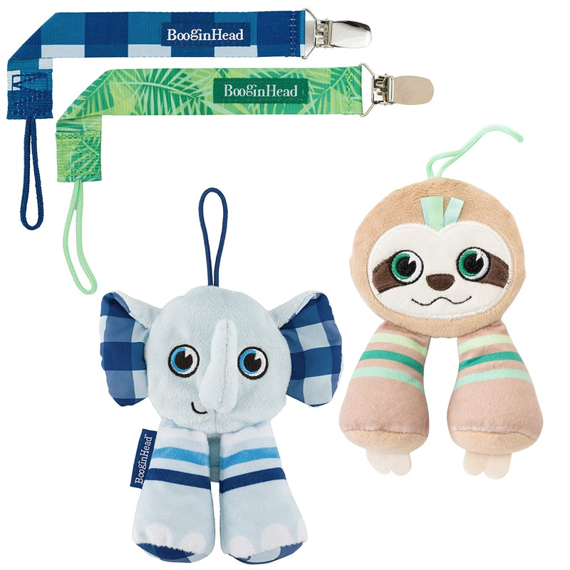 BooginHead Pacifier Holder Stuffed Animal and Baby Pacifier Clip, 2 Pack Elephants & Sloth