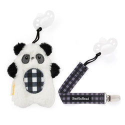 BooginHead Pacifier Holder Stuffed Animal and Baby Pacifier Clip 2 Piece Set, Plaid Panda