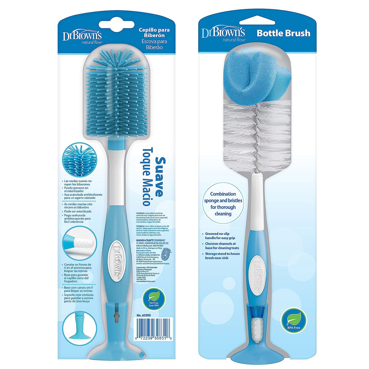 Dr. Brown's Baby Bottle and Nipple Brush Soft Touch and Sponge Brush, Blue Variety Pack, 2 -Pack