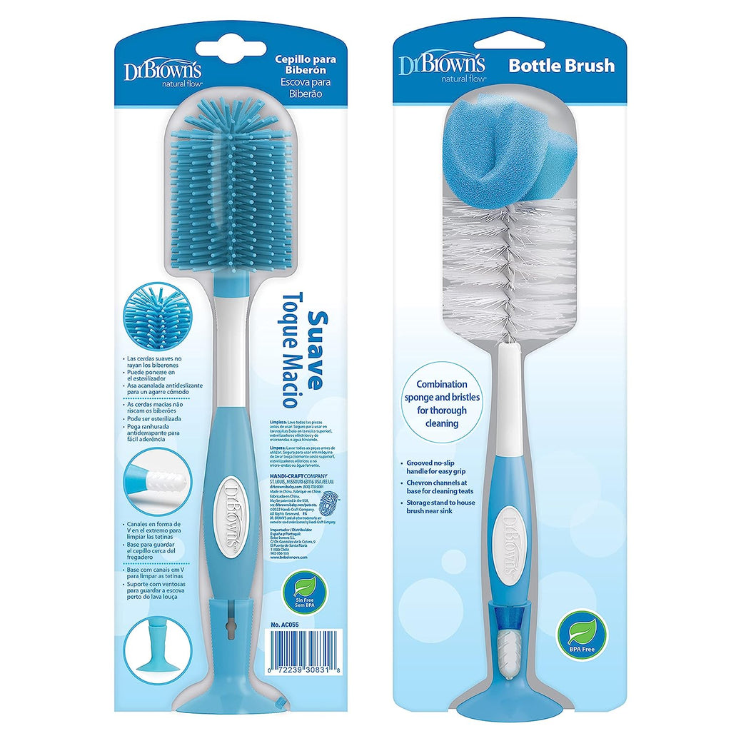 Dr. Brown's Baby Bottle and Nipple Brush Soft Touch and Sponge Brush, Blue Variety Pack, 2 -Pack