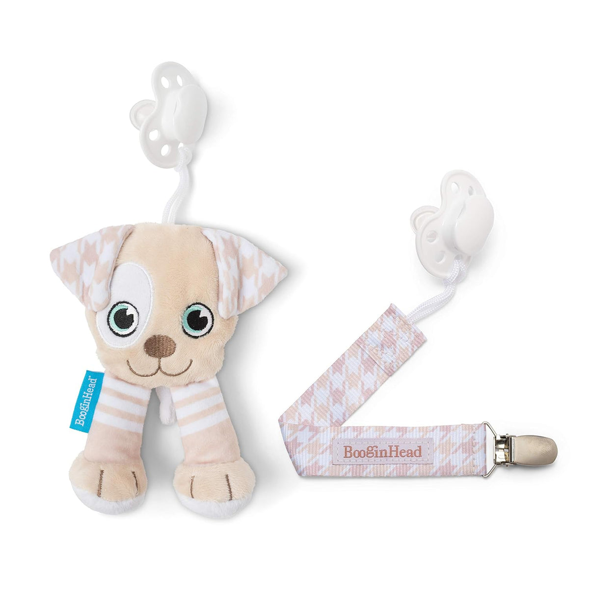 BooginHead Pacifier Holder Stuffed Animal and Baby Pacifier Clip, Brown Puppy