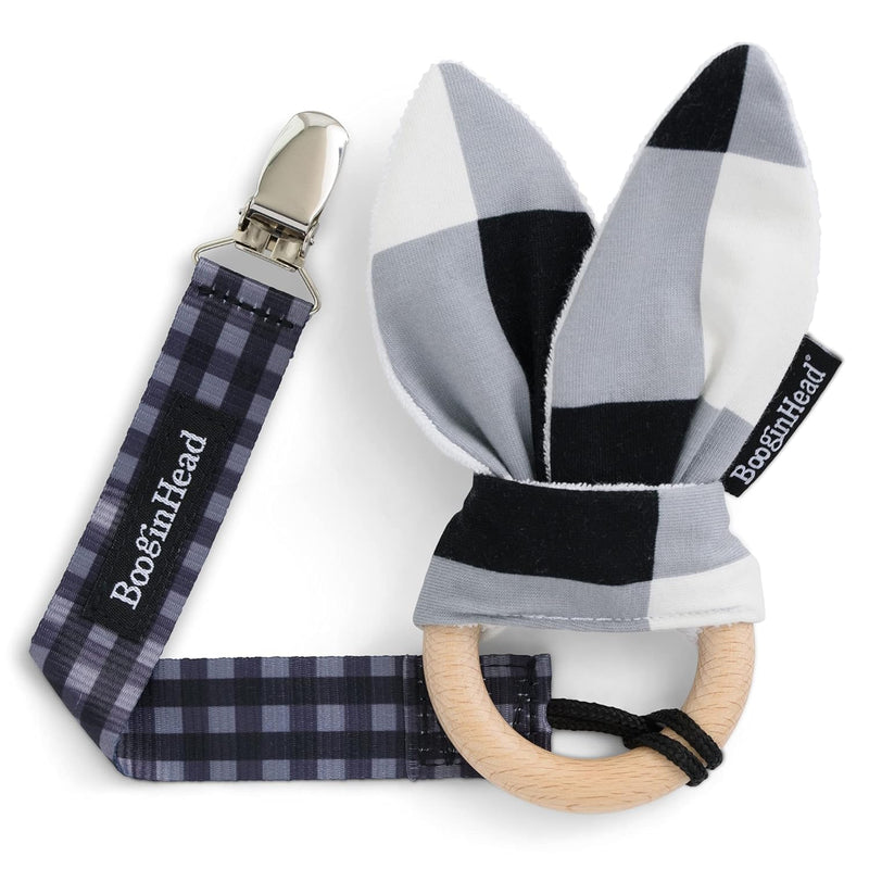 BooginHead Pacifier Clip and Natural Wood Baby Teether, Buffalo Check