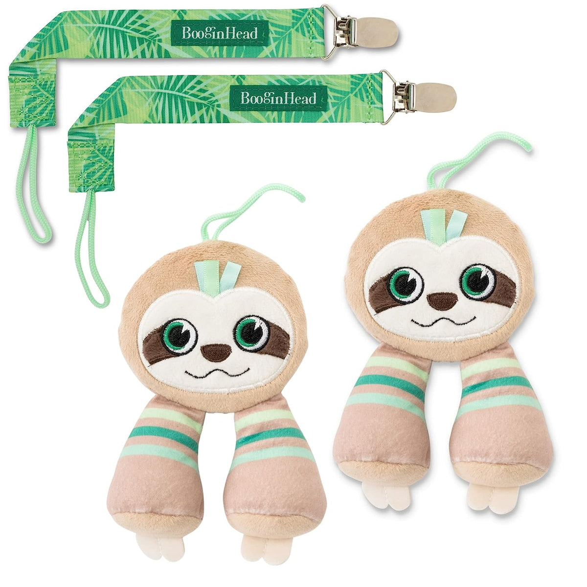 BooginHead Pacifier Holder Stuffed Animal and Baby Pacifier Clip, 2 Pack Sloths