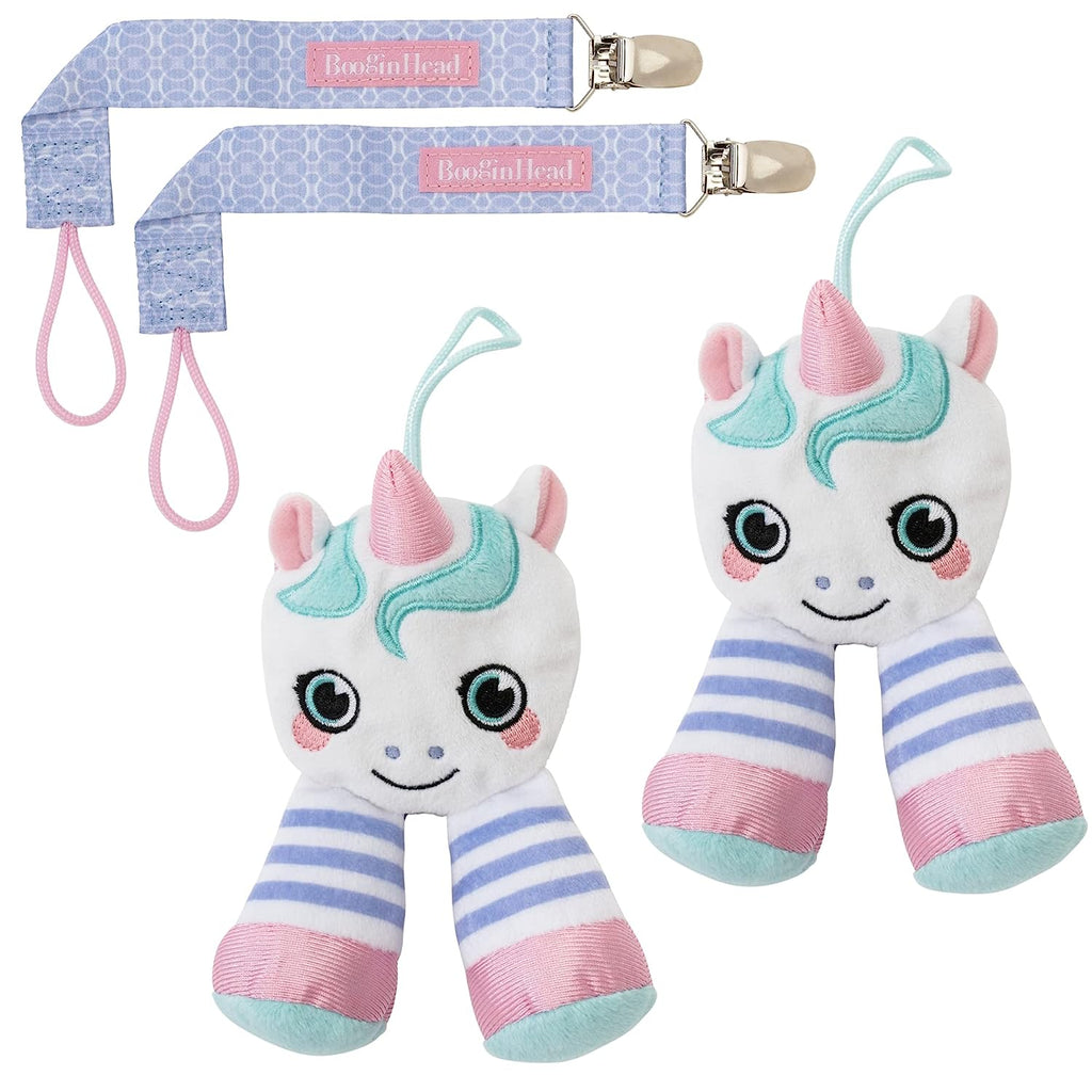 BooginHead Pacifier Holder Stuffed Animal and Baby Pacifier Clip, 2-Pack Unicorn