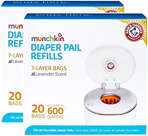 Munchkin Diaper Pail Snap, Seal and Toss Refill Bags, Lavender Scented, 20 Count, 2 Pack
