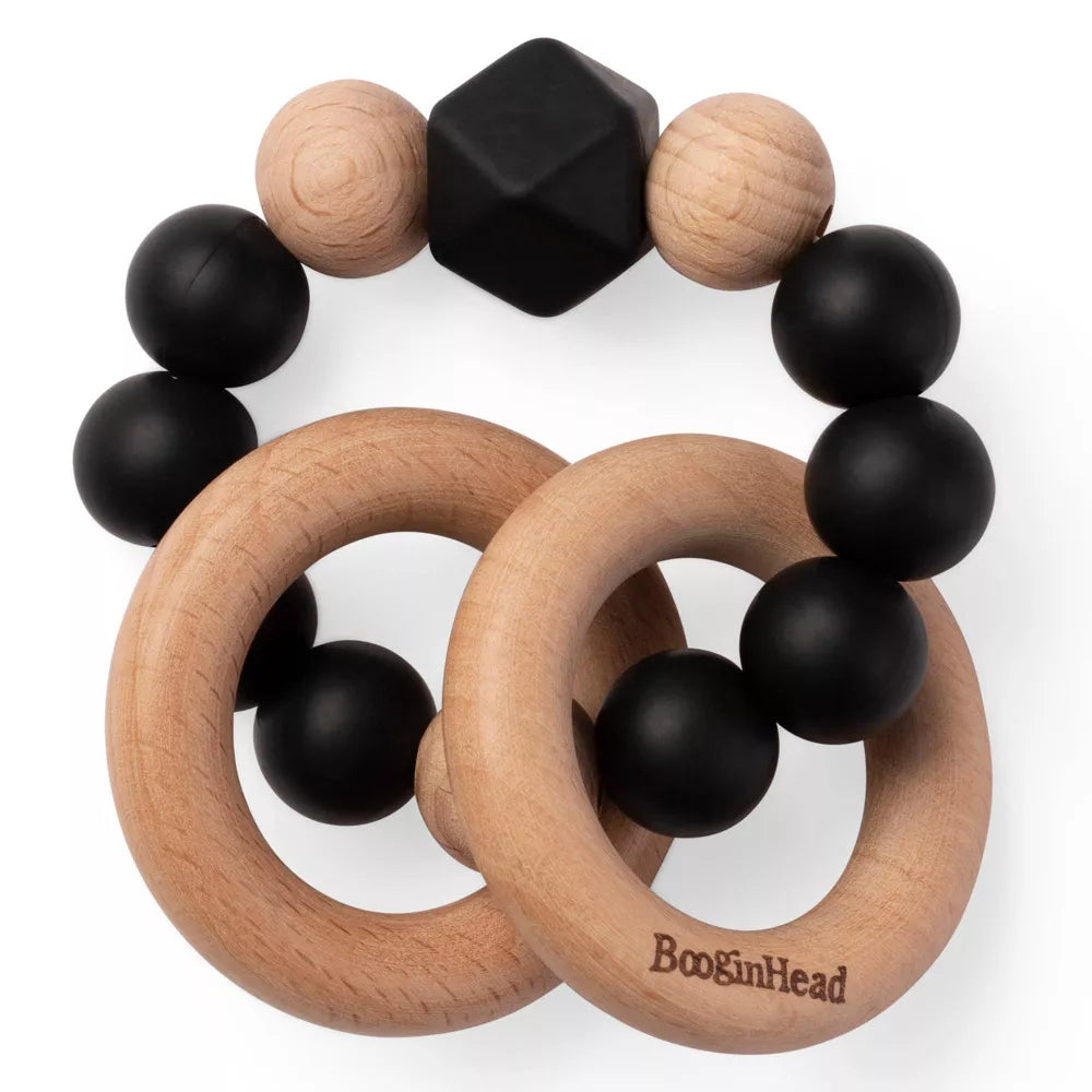 BOOGINHEAD BEADED SILICONE & WOOD TEETHER RINGS BLACK