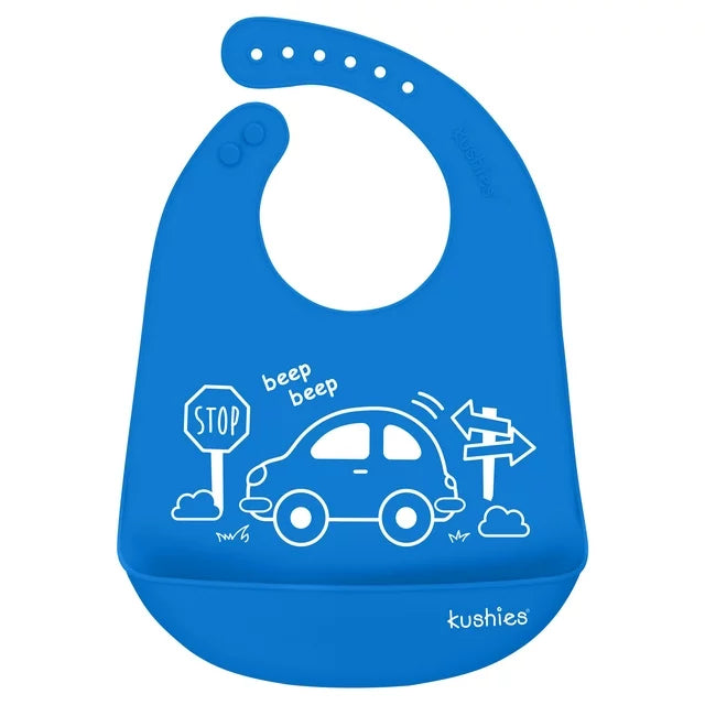 Kushies Soft Silicatch Bib Silicone Waterproof Bib with catch all pocket, Blue Car