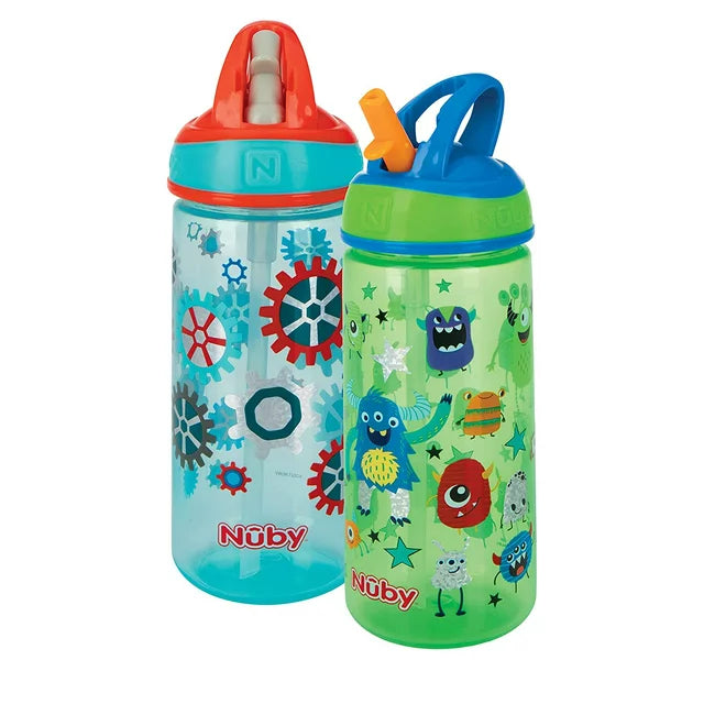 NUBY 2 Pack Flip it Kids On The Go Printed Water Bottle with Bite Proof Hard Straw - 18oz, 18 Months plus, Robots/ Friendly Monsters