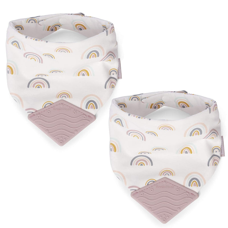 BooginHead Drool Bibs for Baby Girls and Boys - Adjustable Bandana Teether Bib 2 Pack Pink Rainbows
