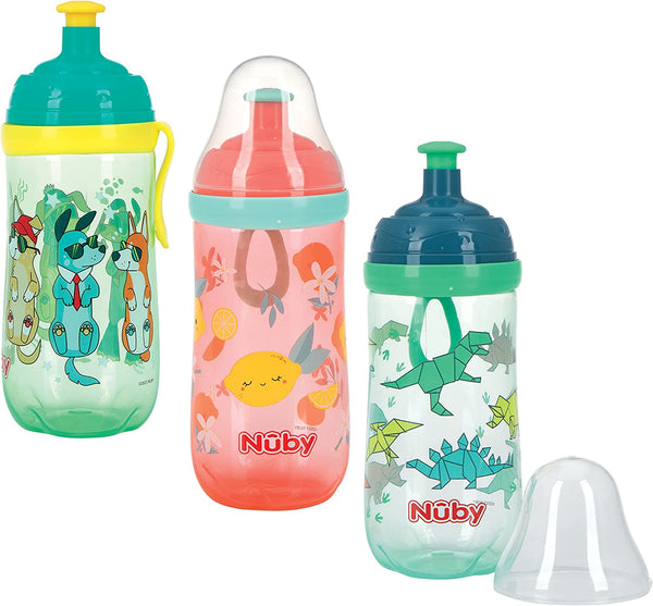 Nuby Busy Sipper, 2 Stage Cup with No Spill Spout, Free Flow Pop Up Sipper and Cover, 12 oz, Dinosaur