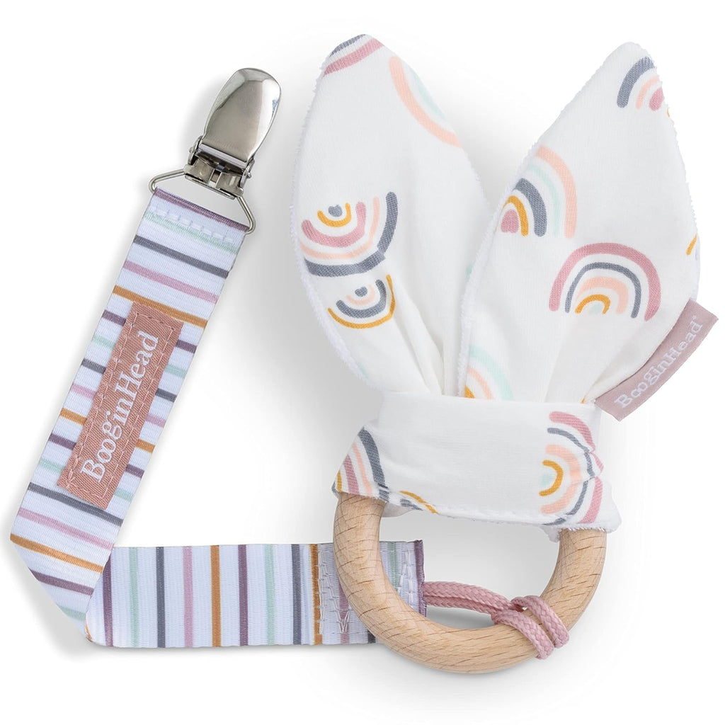 BooginHead Pacifier Clip and Natural Wood Baby Teether, Pink Rainbows