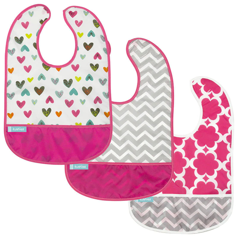 Kushies Cleanbib 3 Pack Girl Pink heart Flowers