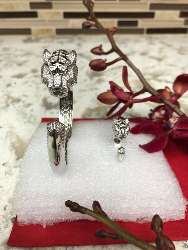 Panther Bracelet and Ring Women Silver Fine Jewelry AA CZ stone Steel