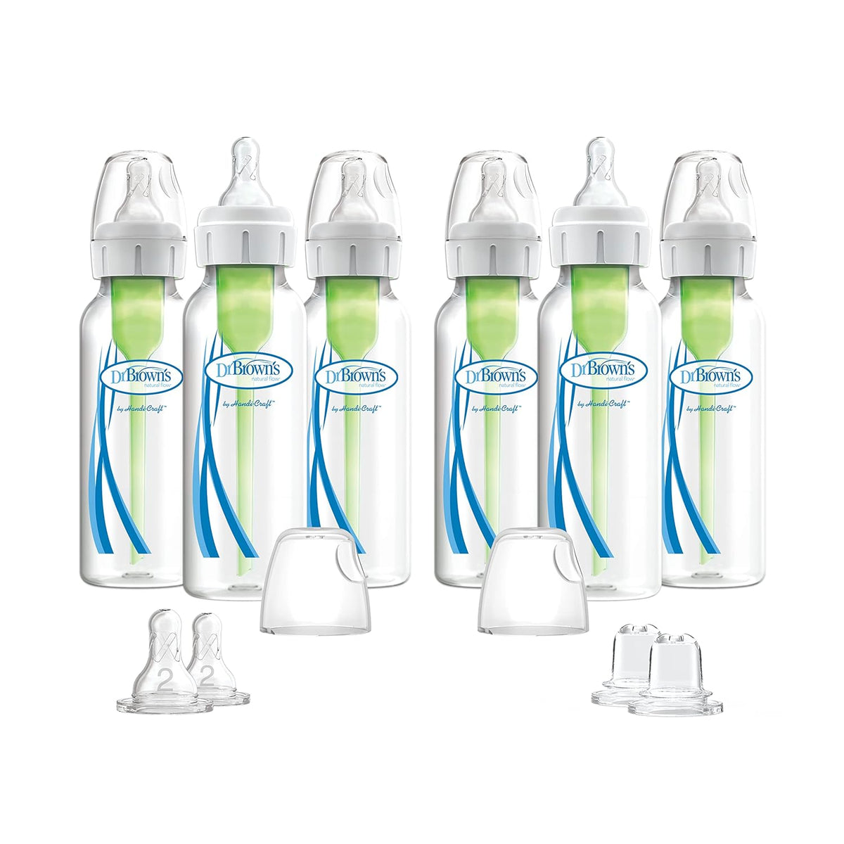 Dr. Brown's Options Plus Baby Bottles, 8 Ounce, 6 Count Plus 2 Level 2 Nipples and Sippy Spouts