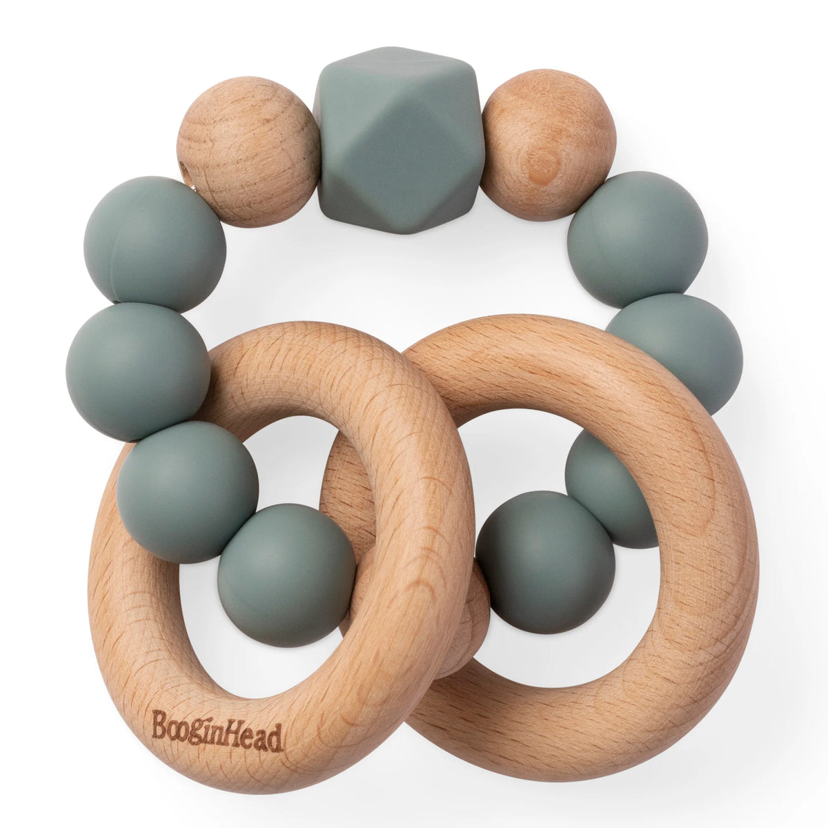 Booginhead Beaded Silicone & Wood Teether Rings Grey Blue