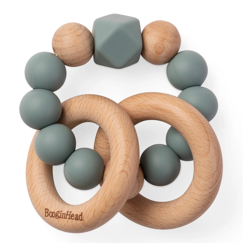 Booginhead Beaded Silicone & Wood Teether Rings Grey Blue