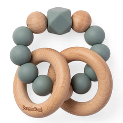 BOOGINHEAD BEADED SILICONE & WOOD TEETHER RINGS GREY BLUE