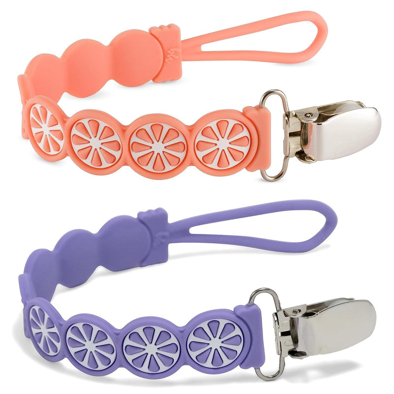 BooginHead Silicone Pacifier Clip Baby Pacifier Holder 2 Pack, Purple & Grapefruit