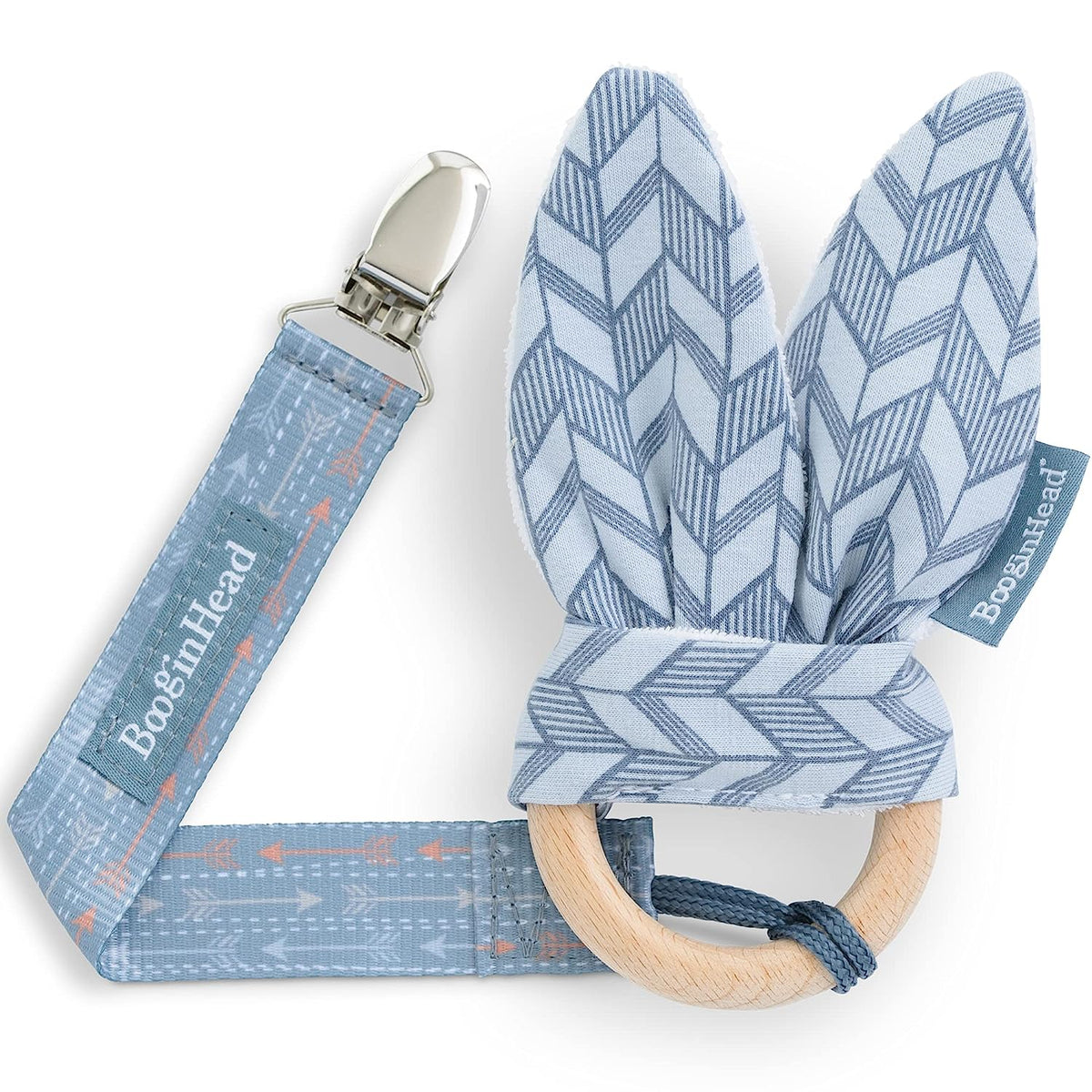 BooginHead Pacifier Clip and Natural Wood Baby Teether, Blue Feather