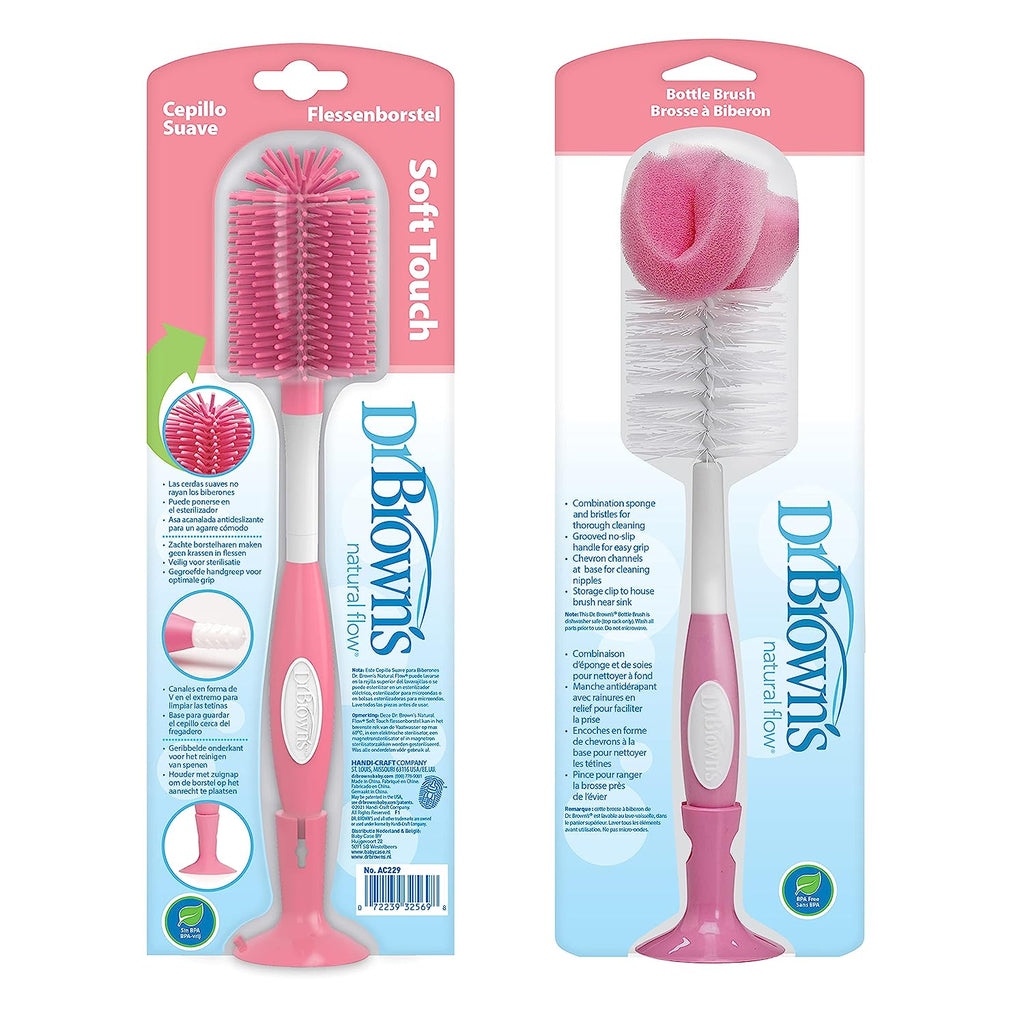 Dr. Brown's Baby Bottle and Nipple Brush Soft Touch and Sponge Brush, Pink Variety Pack, 2 -Pack
