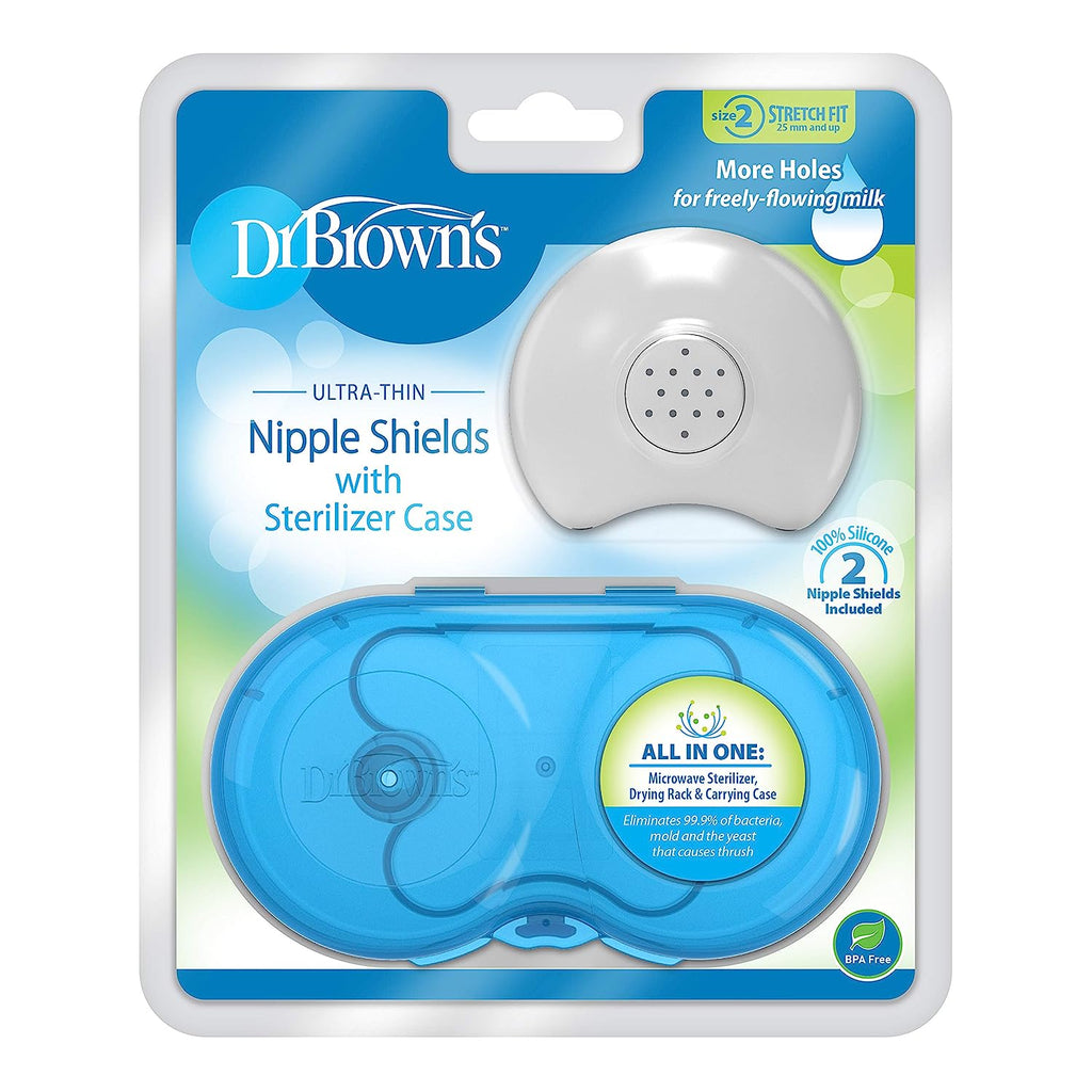 Dr. Brown's Nipple Shields with Case, Size 2-25 mm and Up, Stretch Fit, for Latch Difficulties, Flat/Inverted Nipples, Silicone Nipple Shield (Pack of 2)