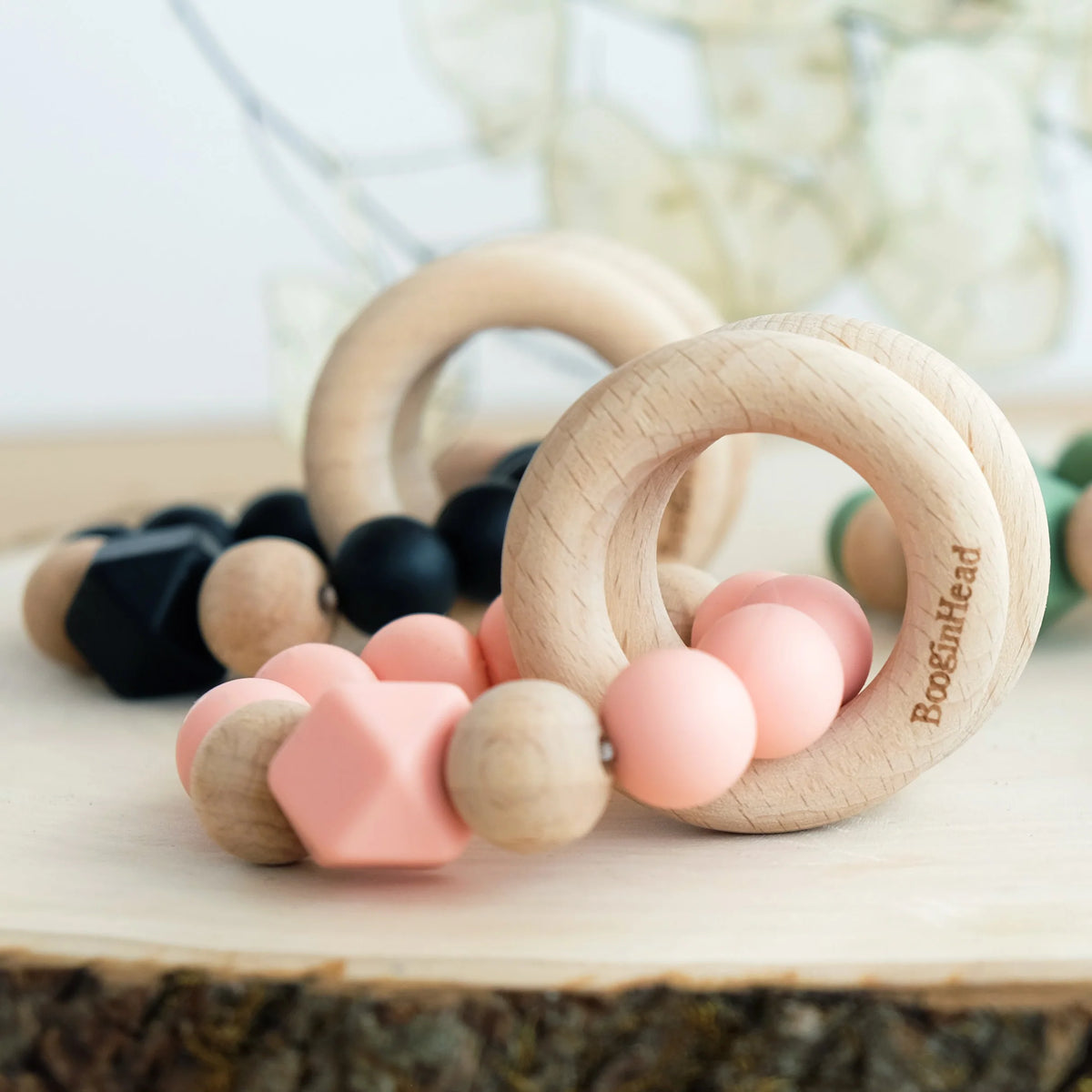 Booginhead Beaded Silicone & Wood Teether Rings Dusty Rose