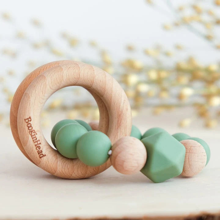 Booginhead Beaded Silicone & Wood Teether Rings Sage