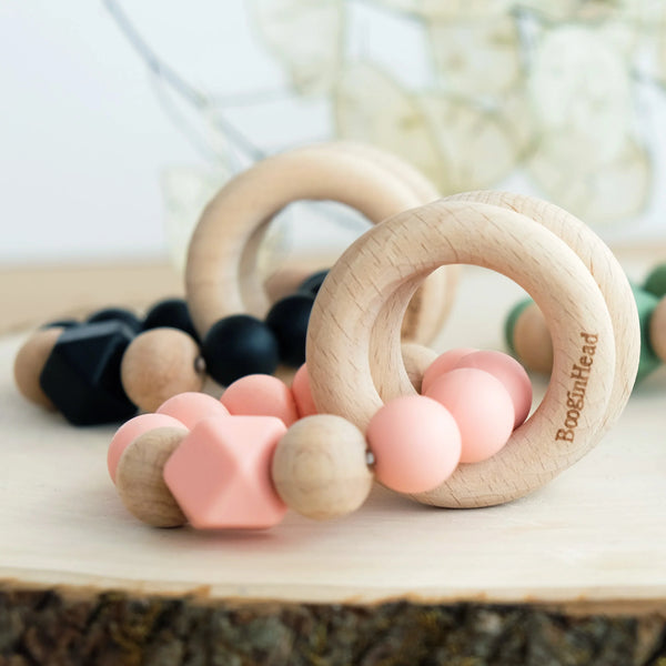 BOOGINHEAD BEADED SILICONE & WOOD TEETHER RINGS DUSTY ROSE