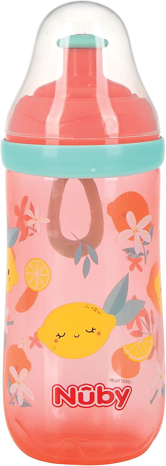 NUBY Busy Sipper, 2 Stage Cup with No Spill Spout, Free Flow Pop Up Sipper and Cover, 12oz, Pink Lemon