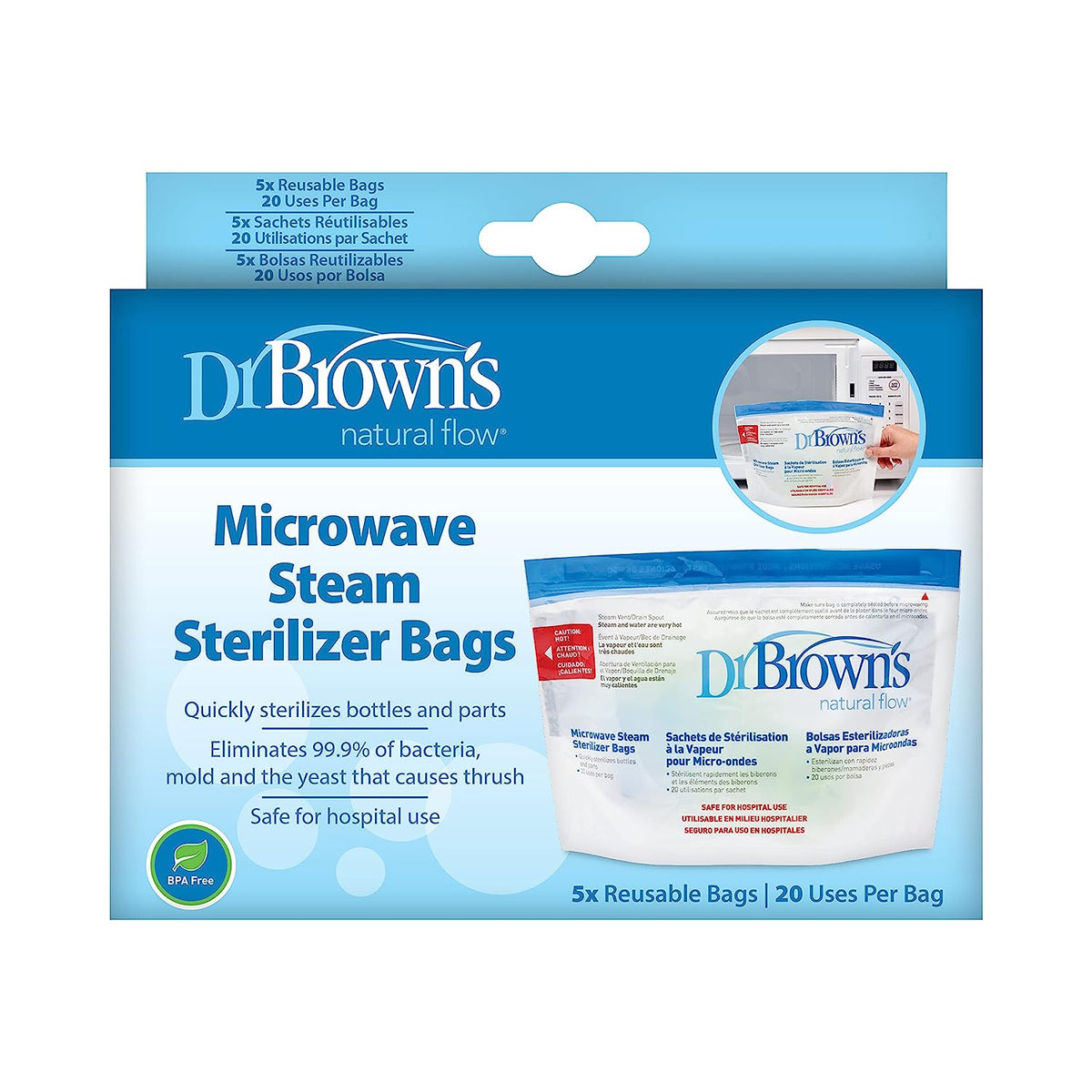 Dr. Brown's Microwave Steam Sterilizer Bags for Baby Bottles, Nipples, Bottle Parts, Pacifiers, Teethers and more, 5