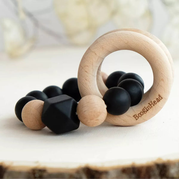 BOOGINHEAD BEADED SILICONE & WOOD TEETHER RINGS BLACK