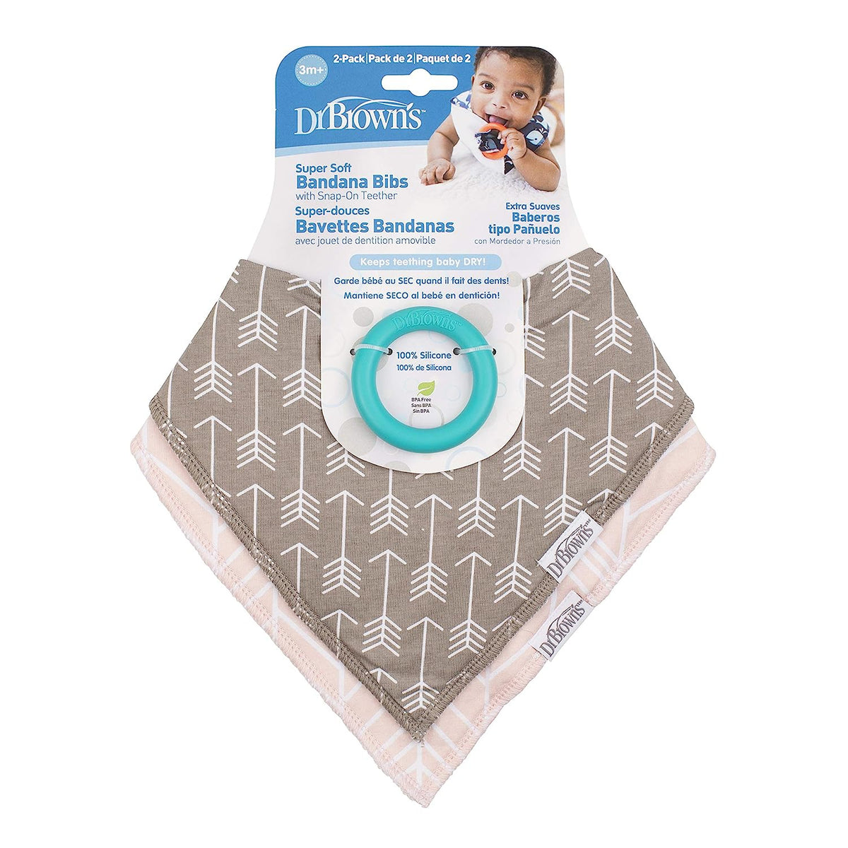 Dr. Brown's Bandana Bib with Snap-On Removable Teether, Cotton Baby Bib with Soft Fleece Lining for Teething &