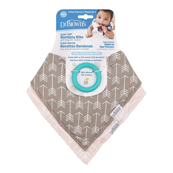 Dr. Brown’s Bandana Bib with Snap-On Removable Teether, Cotton Baby Bib with Soft Fleece Lining for Teething & Drooling, 3m+, 2-Pack, Arrows & Herringbone