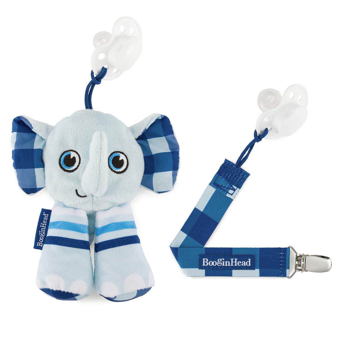 BooginHead Pacifier Holder Stuffed Animal and Baby Pacifier Clip, 2 Pack Elephants & Sloth