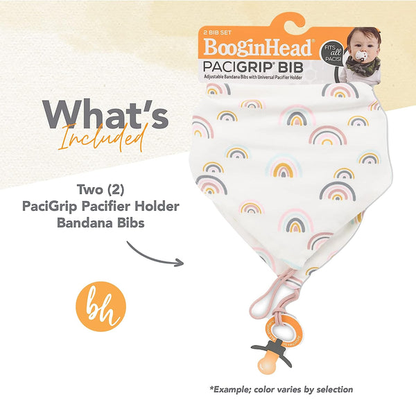 BooginHead Drool Bibs For Baby Girls And Boys - 2-In-1 Adjustable PaciGrip Bib Pacifier (2-Pack Pink Rainbows)